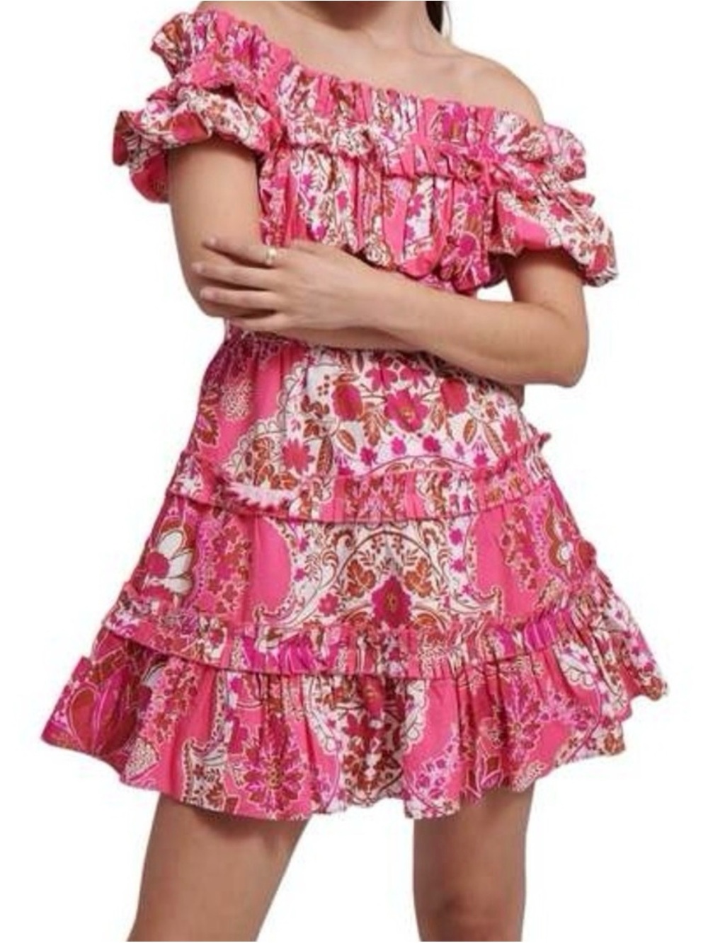 Off-Shoulder Pink Floral Mini Dress with Ruffle Skirt NWT